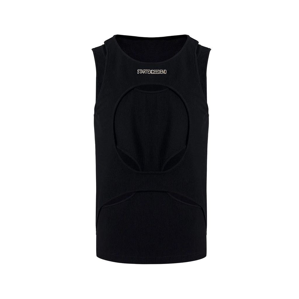 Men's black sleeveless waistcoat with round collar and pullover design