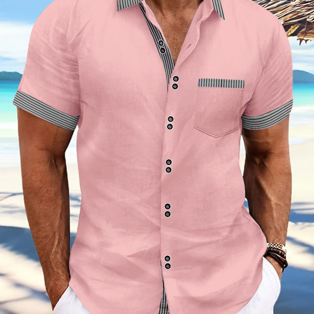 Slim fit striped short sleeve casual shirt in pure cotton with double button front