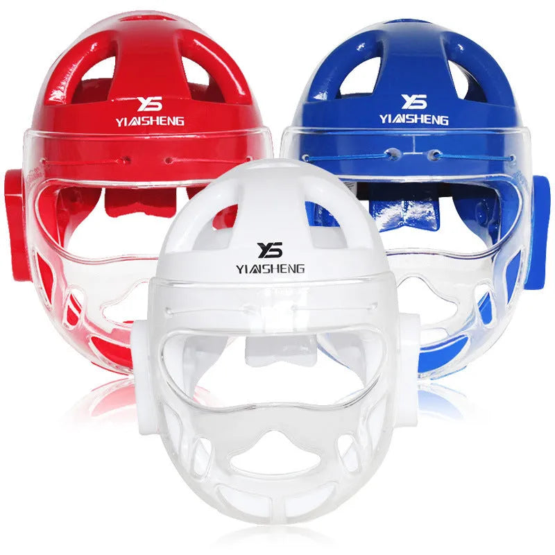 Karate helmet for boxing head protection shown in white, blue, and red colour options.
