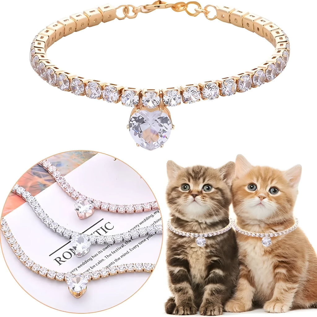 Rhinestone heart-shaped decorative collar for dogs and cats in metallic colours