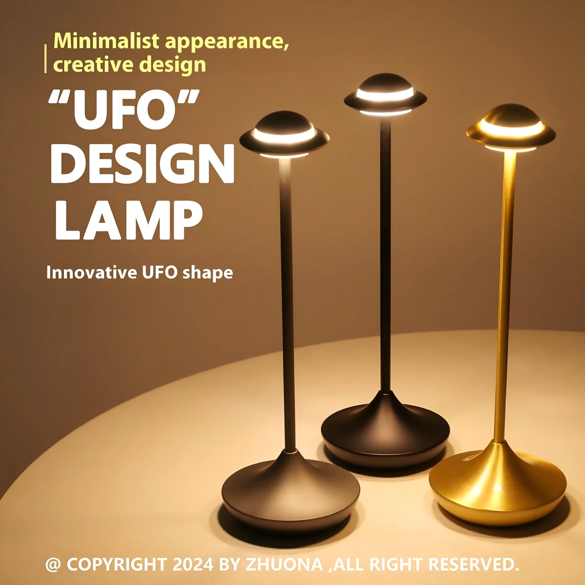 Gold UFO-shaped metal desk lamp with touch controls on creative rechargeable LED lamp