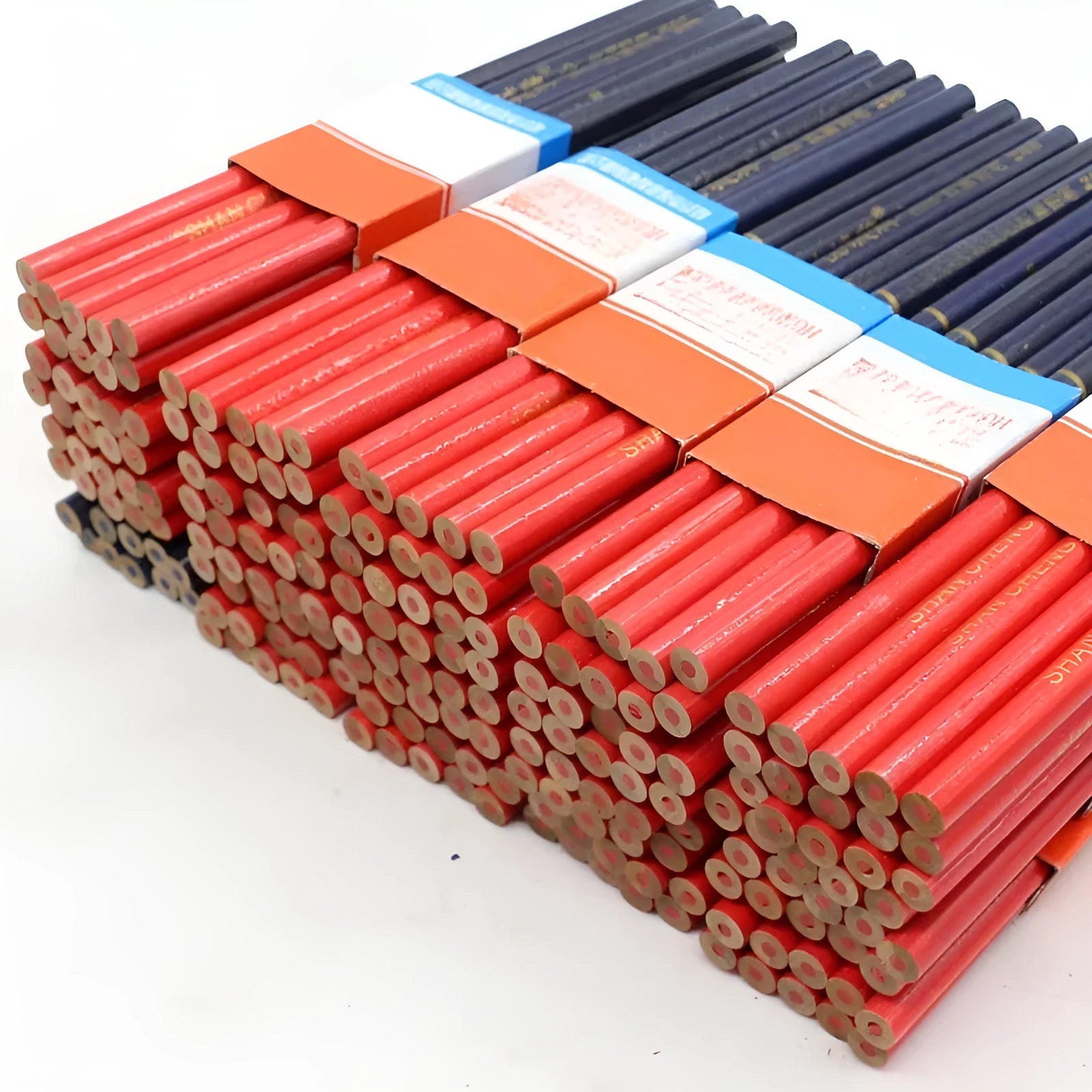 Pack of 10 red and blue two-colour wooden carpenter's pencils with round barrels.