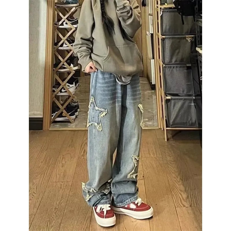 Blue cotton high-waist wide-leg denim trousers in straight cut style