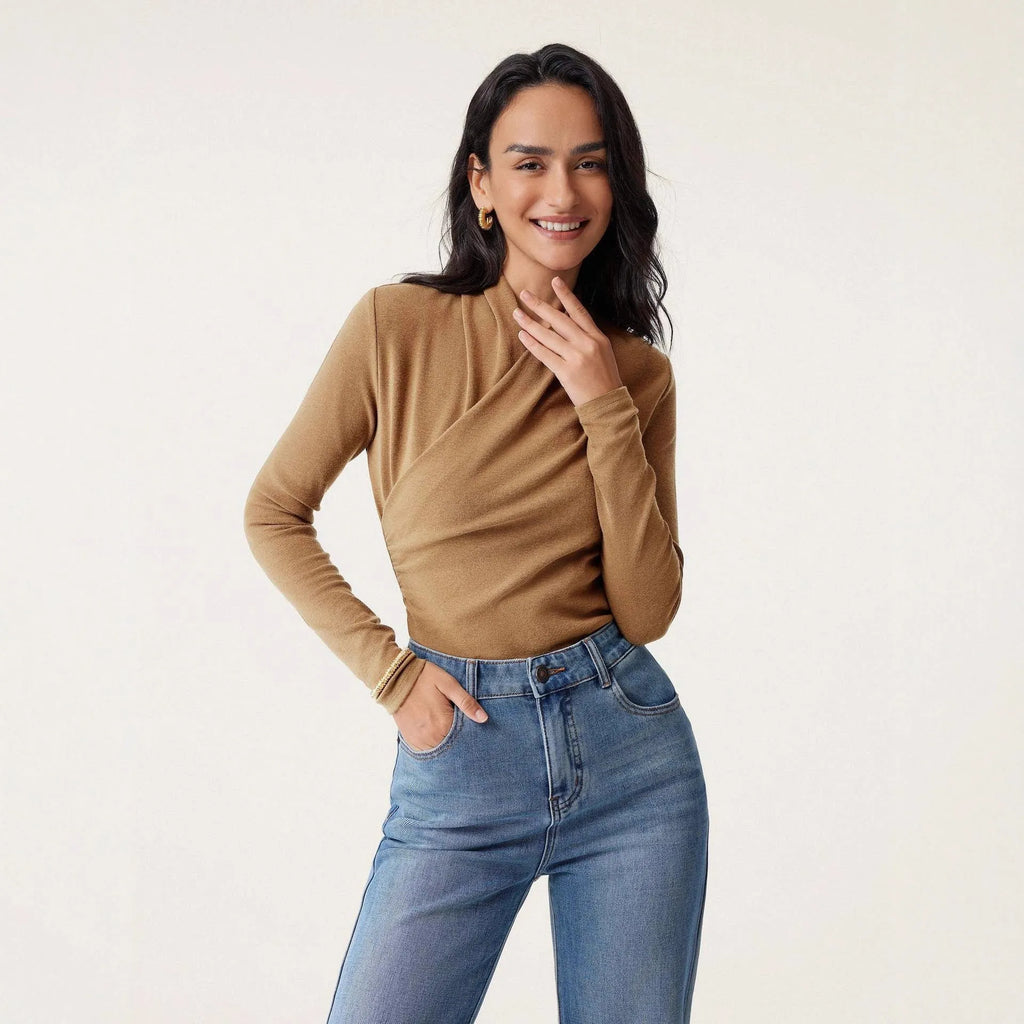 Women's camel colour slim fit pullover sweater with long sleeves on hanger
