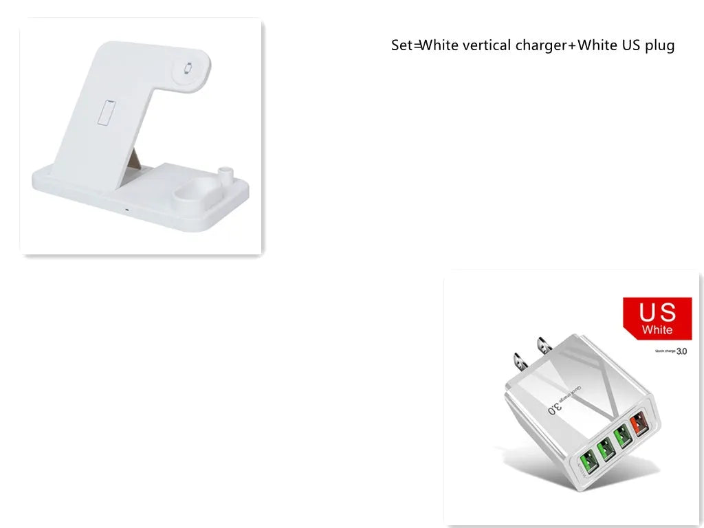 4-in-1 wireless charging station showing phone, Apple Watch, AirPods and Apple Pencil charging simultaneously on adjustable stand