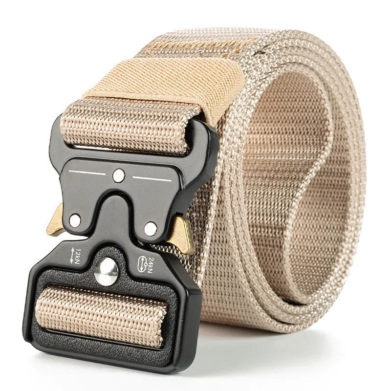 Men's canvas tactical belt with alloy buckle in Army Green colour showing length and buckle detail