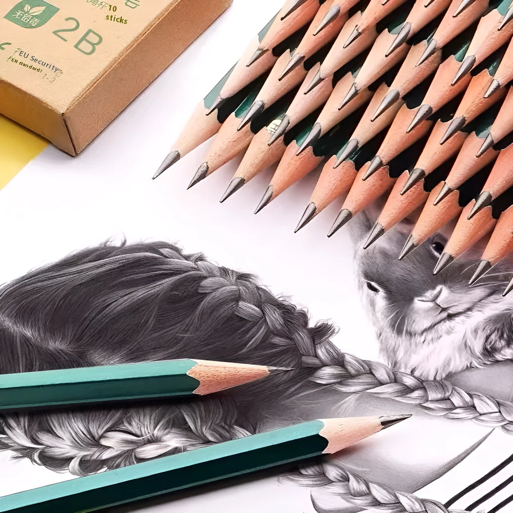 Box of ten Green Rod pencils with six-angle rod wooden shells in HB and 2B grades.