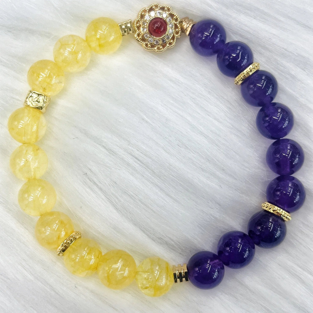 Handmade yellow and purple crystal bracelet with amethyst accents for women