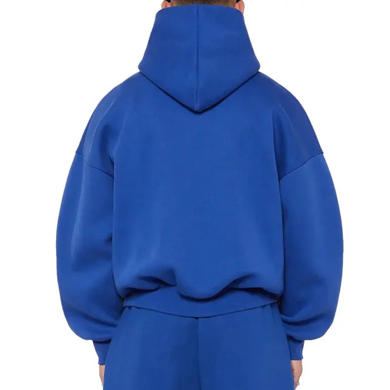 Men's grey fleece-lined cotton hoodie pullover with threaded long sleeves.