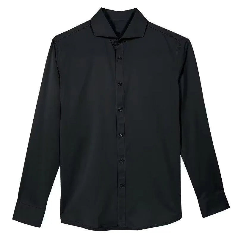 Man wearing a black Japanese retro style loose-fit long sleeve cardigan shirt.