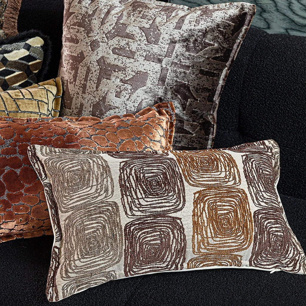 Abstract coil pattern pillow cover in cream and coffee colours showing square and rectangular dimensions