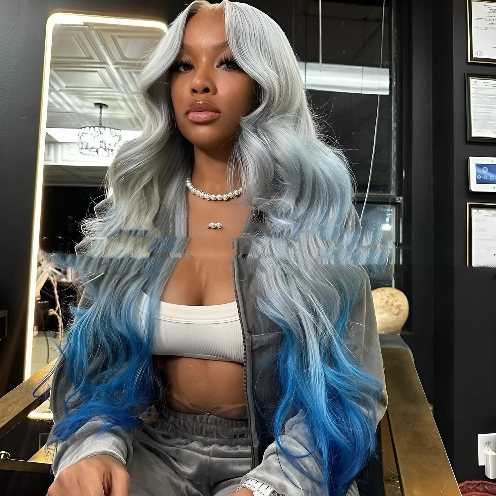 Gradient grey blue human hair lace front wig with 4x4 closure shown at shoulder length