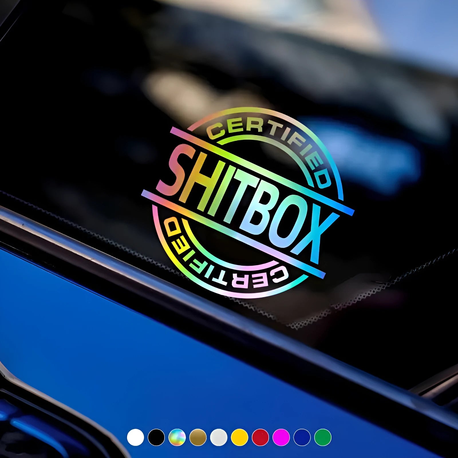 13x12cm vinyl car sticker shown in multiple colour options including black, silver, gold, and red