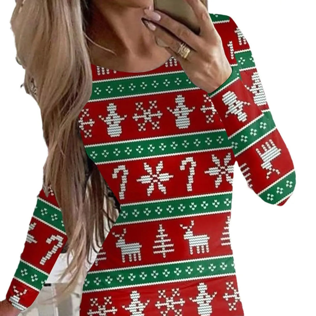 Women's long sleeve bodycon dress with Christmas animal print in a floral colour.