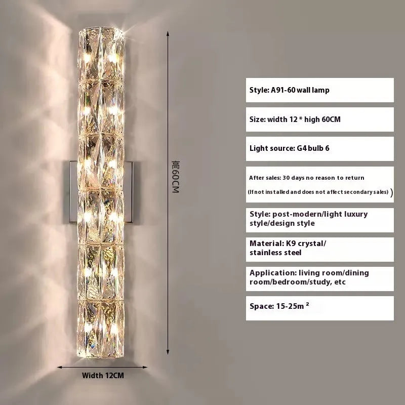 Crystal wall lamp with stainless steel base in chrome finish, LED light source