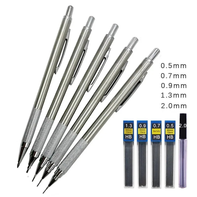Metal automatic mechanical pencil showing five available lead diameter options from 0.5mm to 2.0mm