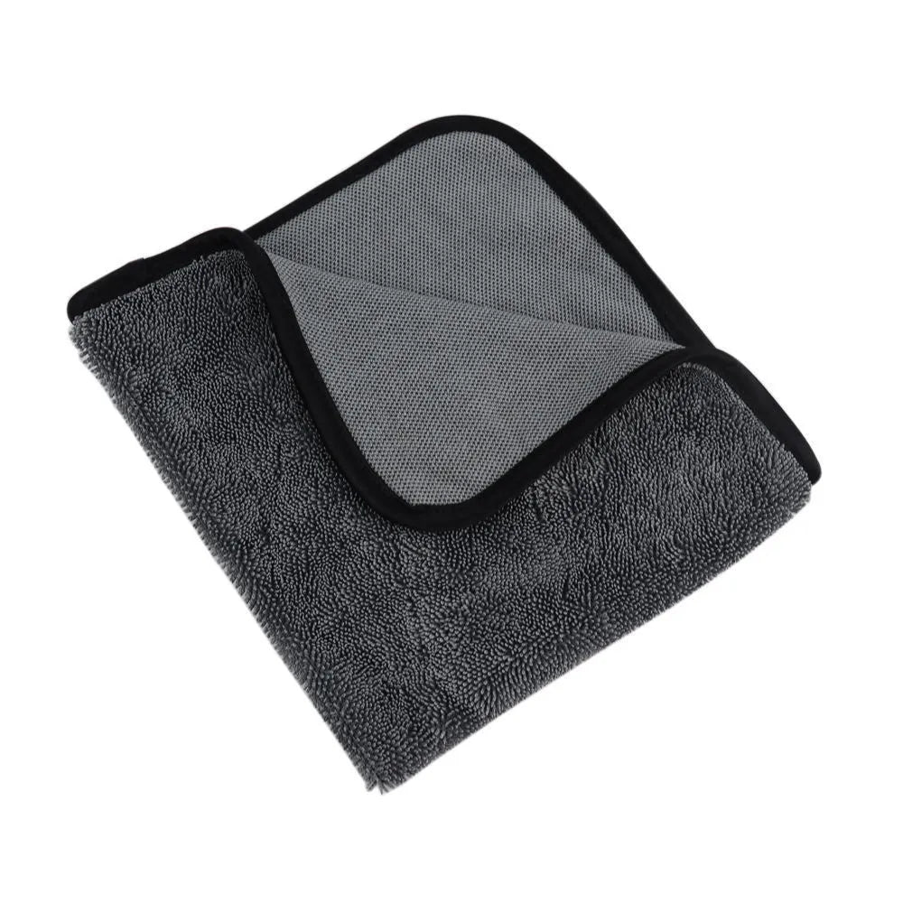 Grey microfiber car wash towel lying flat, showing its 40x40cm square size.