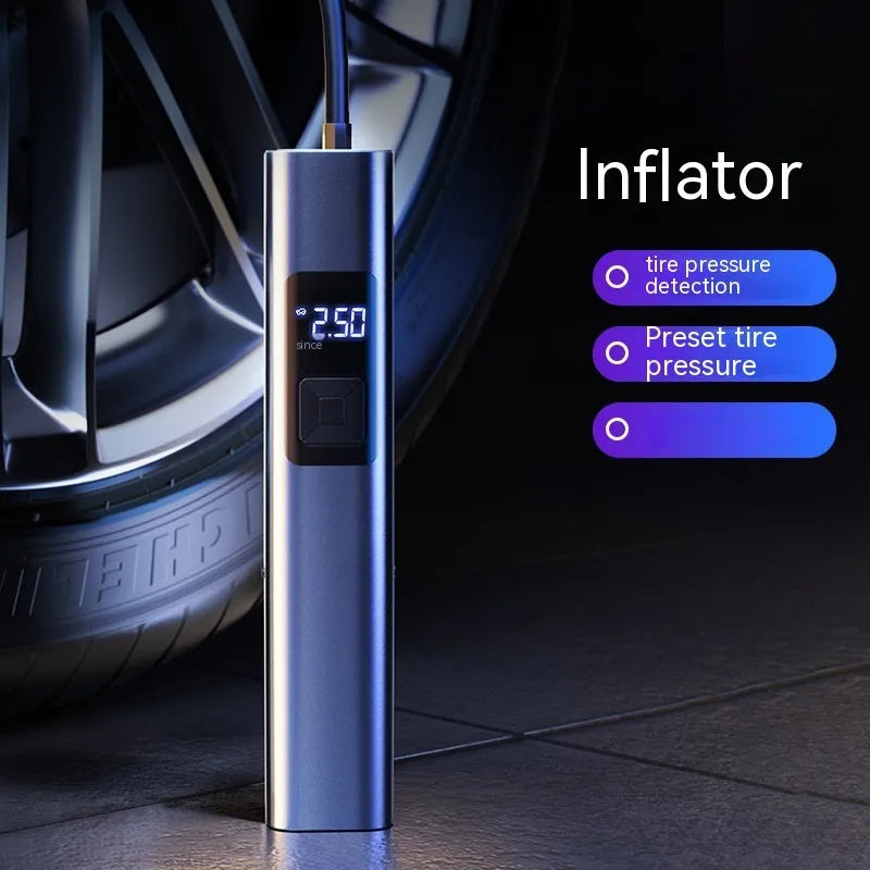 Wireless digital display car air pump and vacuum cleaner with USB-C cable and accessories.