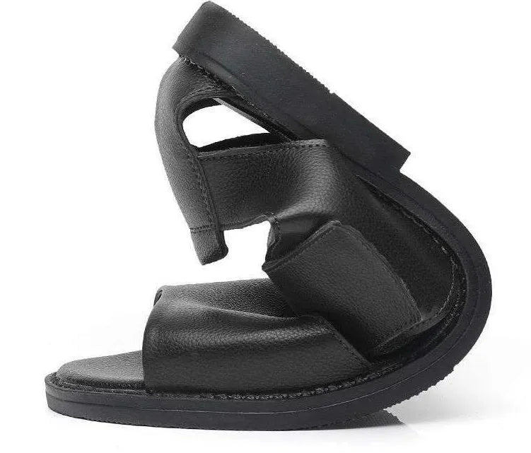 Men's black and brown leather casual sandals with open toe and rubber sole on a neutral background.