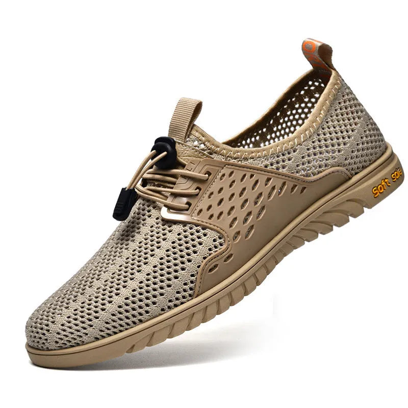 Men's black mesh casual shoes with elastic band and rubber sole on a white background