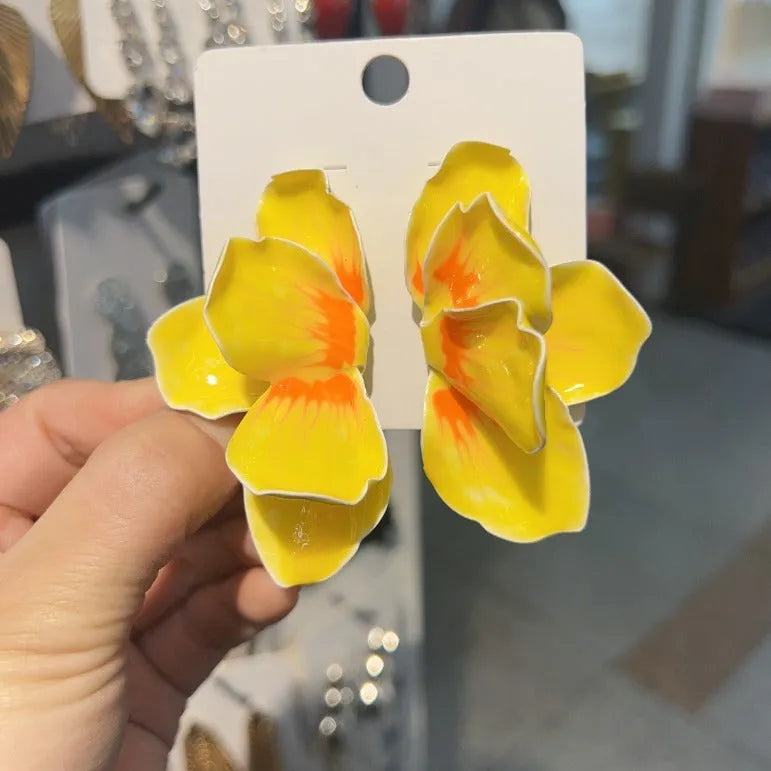 Pastoral style flower earrings with oil-spot glaze finish in blue, green, purple, and rose colours
