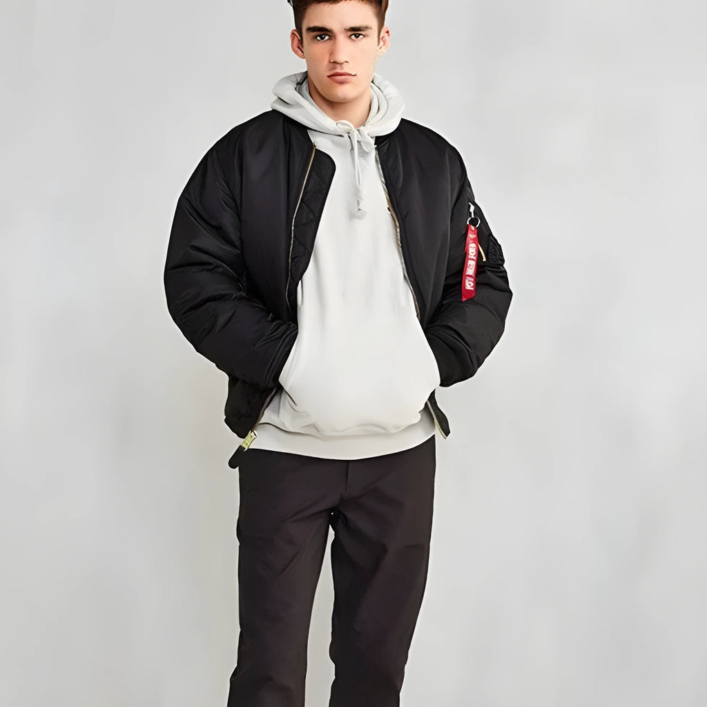 Men's loose-fit cotton-padded pilot jacket in Army Green, shown with double-sided wear-resistant nylon construction.