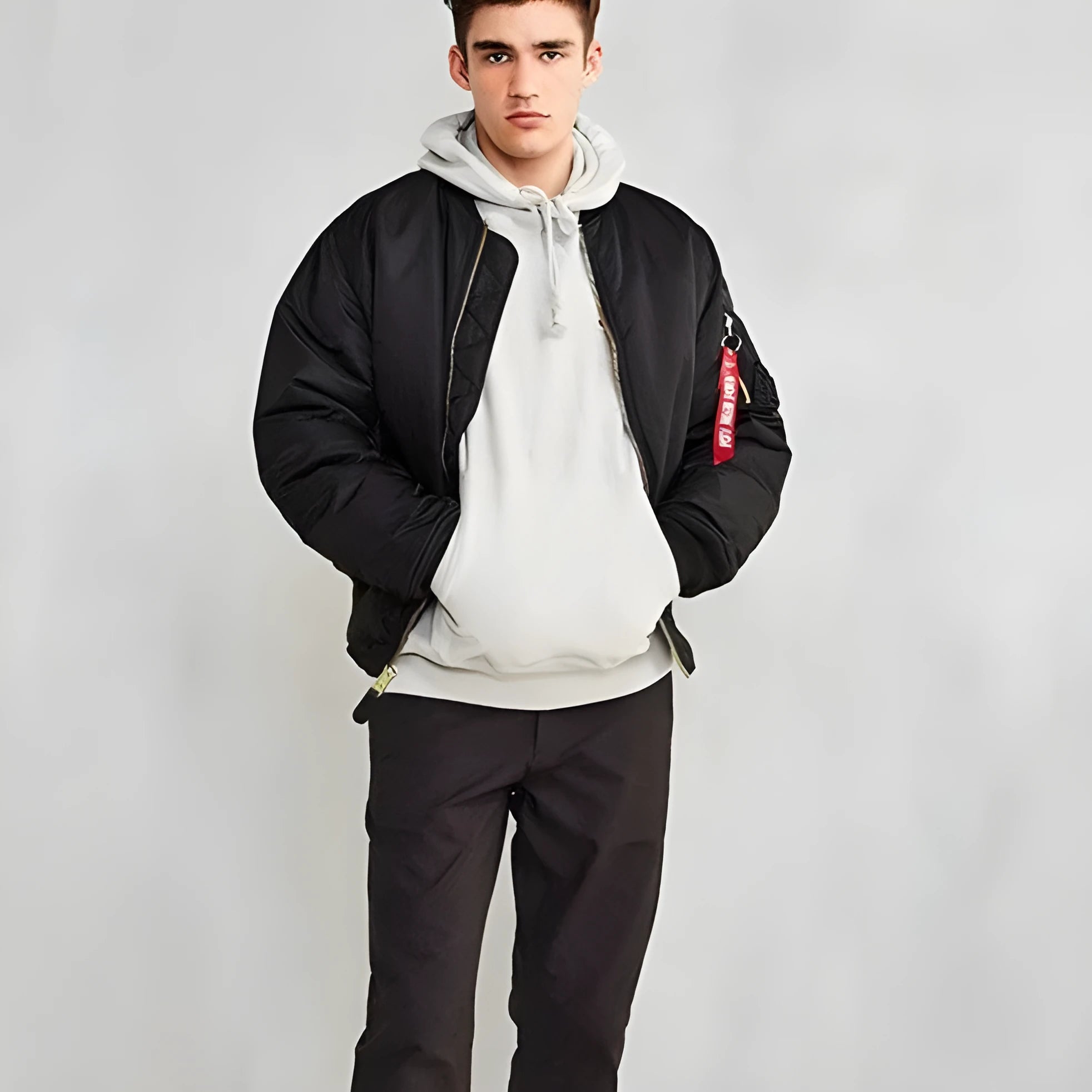 Men's loose-fit cotton-padded pilot jacket in Army Green, shown with double-sided wear-resistant nylon construction.