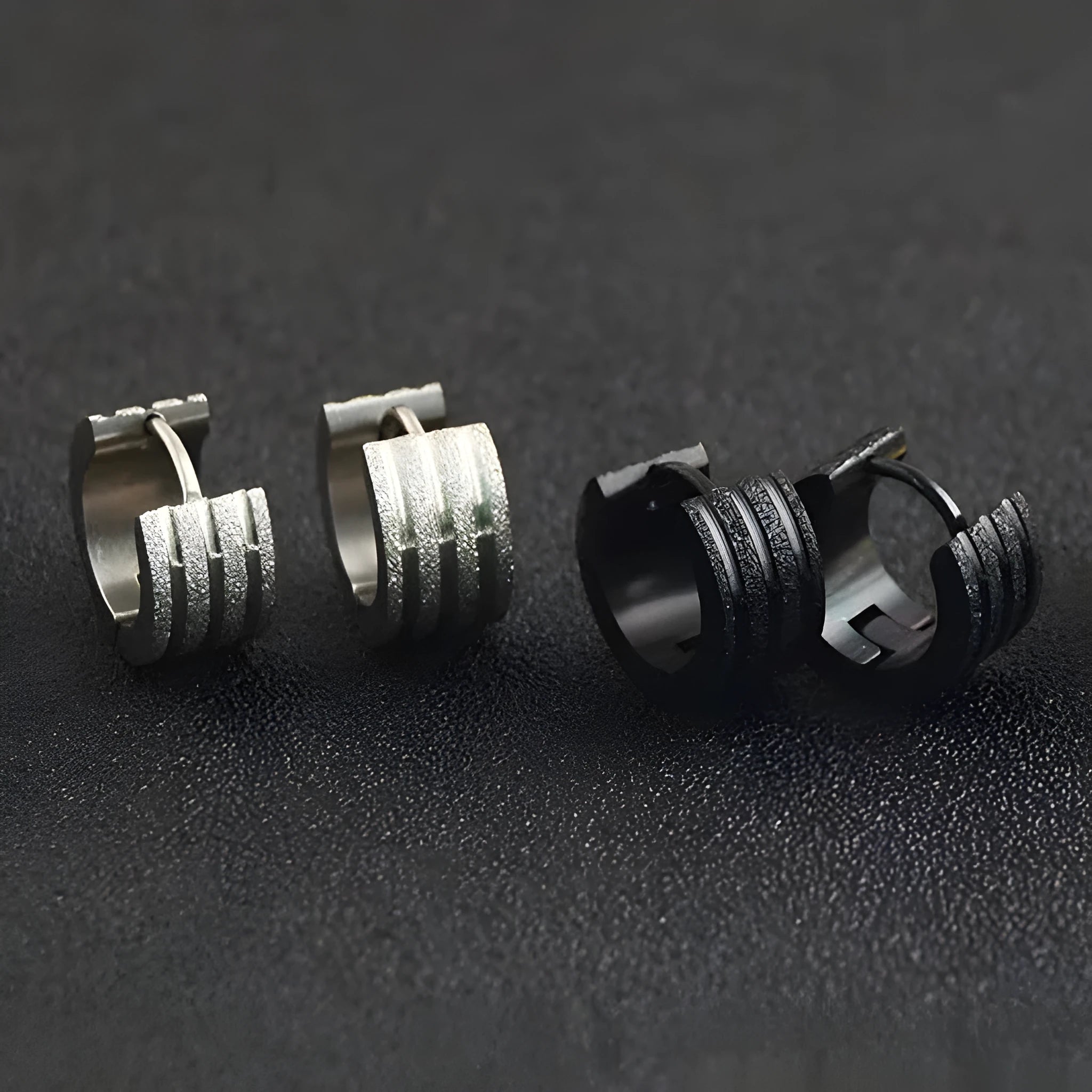 Geometric Korean-style earrings with frosted three-line texture in black, gold, or steel finish