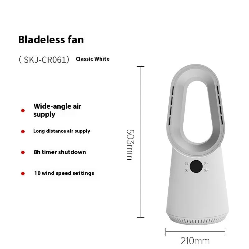 White bladeless tower fan with remote control and touch screen buttons