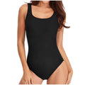 Women's one-piece swimsuit with stitching contrast in blue green, showing full front view on a model