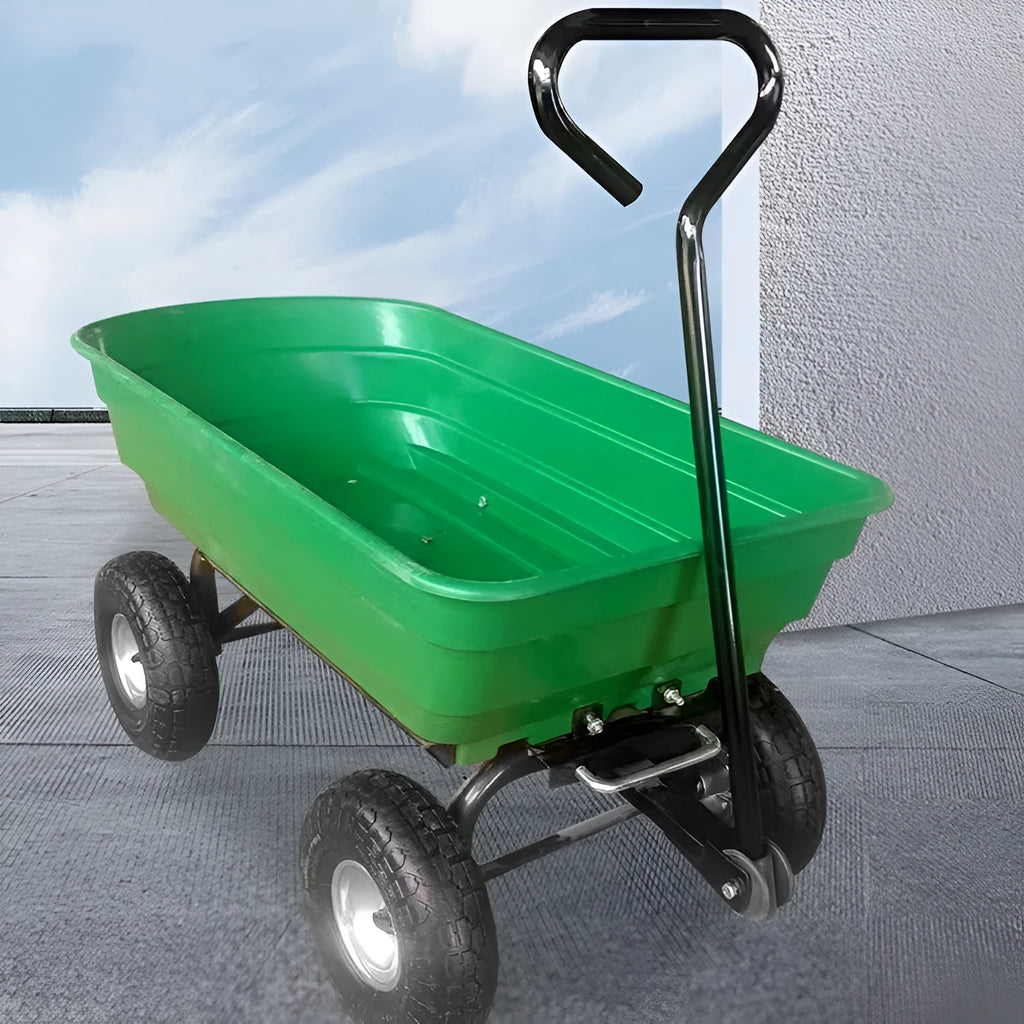 Green four-wheel plastic dump truck with steel reinforcement and dump mechanism for agricultural material transport