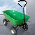 Green four-wheel plastic dump truck with steel reinforcement and dump mechanism for agricultural material transport