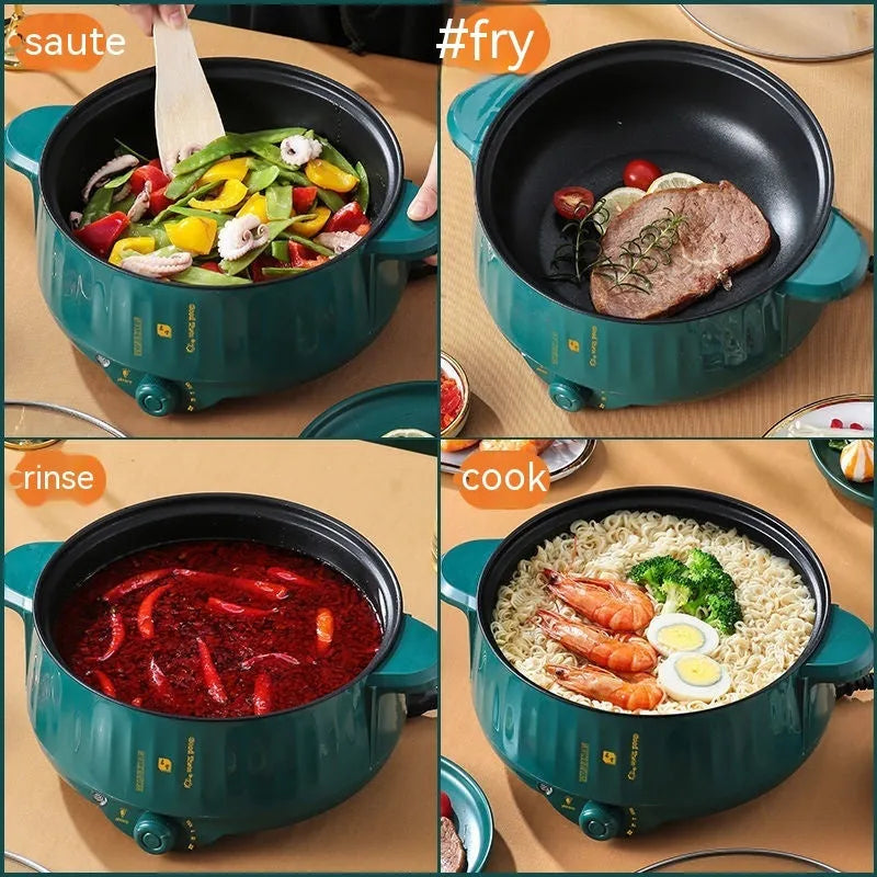 White stainless steel electric hot pot with non-stick interior on a kitchen countertop.