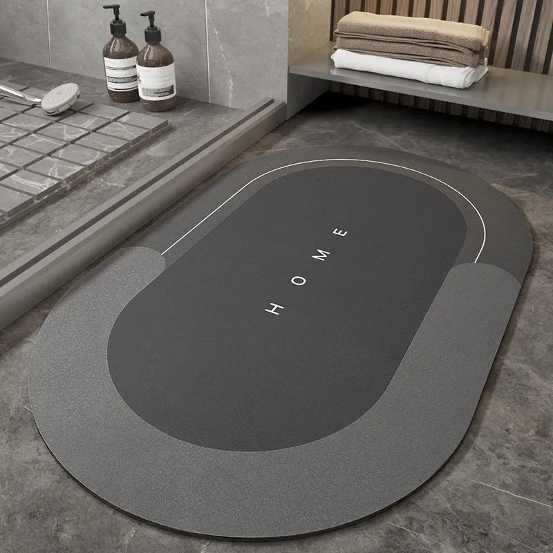 Blended material floor mat in blue colour with oval shape on bathroom floor