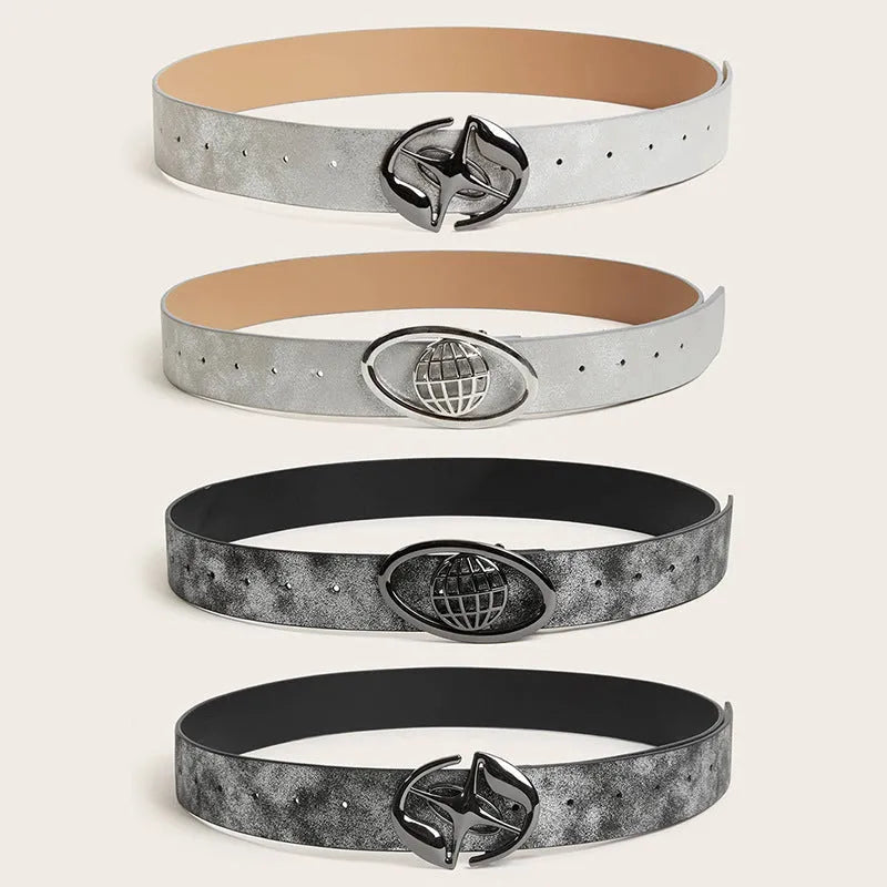 Retro women's belt with oval alloy buckle in thick width and antique finish