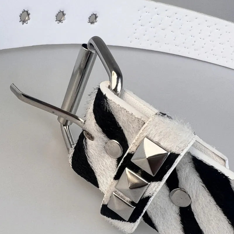Women's punk-style brown leopard print belt with silver metal pyramid rivets and an alloy buckle.