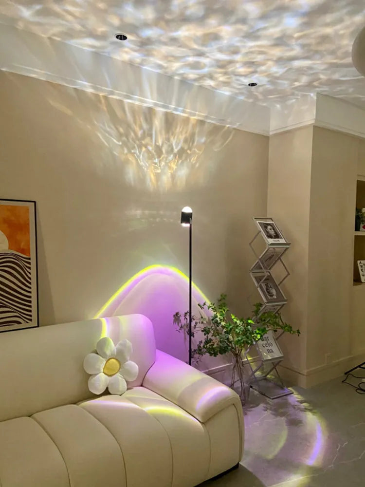 Modern minimalist water wave projection floor lamp with sunset red colour and PMMA lampshade