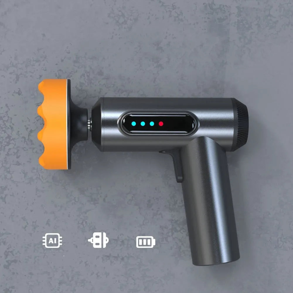Cordless handheld electric waxing and polishing machine with a grey ABS body and a central white polishing disc.