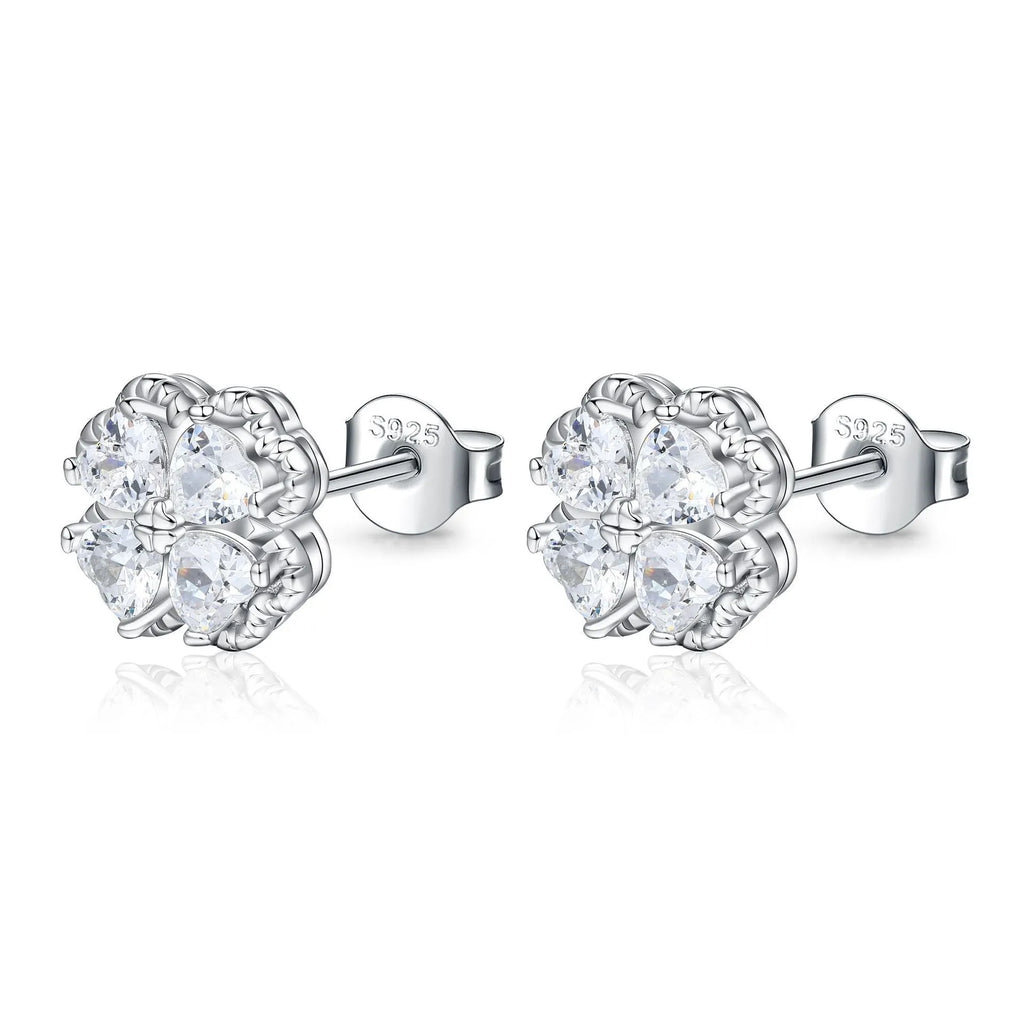 925 silver heart-shaped earrings with four-leaf clover design and zircon detailing in white gold colour