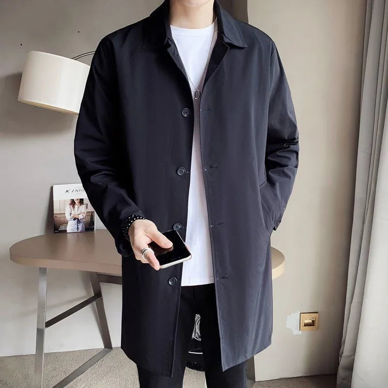 Men's loose fit rabbit fur trench coat in khaki colour with mid-length design