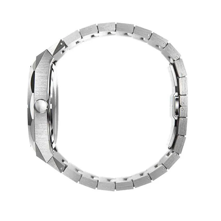 Stainless steel men's watch with a 42mm dial on a metal bracelet with a butterfly clasp.