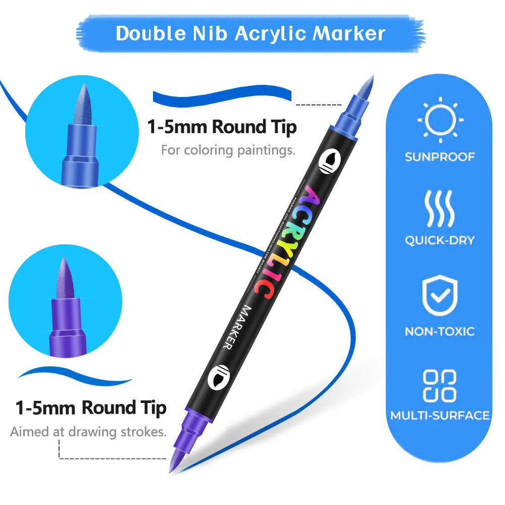 Set of double-headed washable acrylic marker pens with fine and broad tips in multiple colours