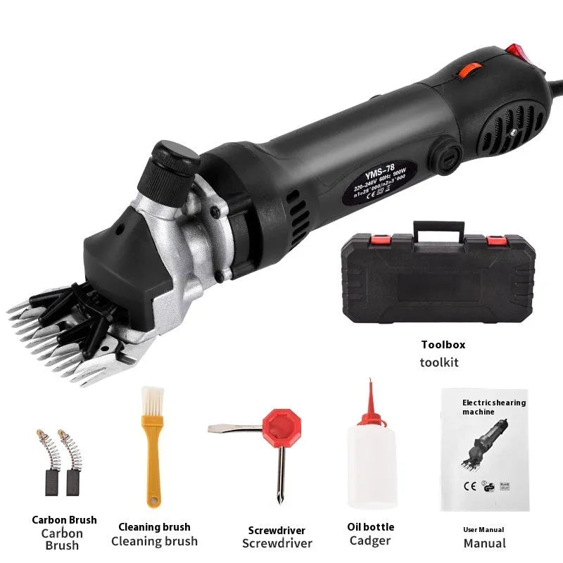 Yellow electric wool shearing machine with 110V plug and multiple blade attachments including straight and curved knives