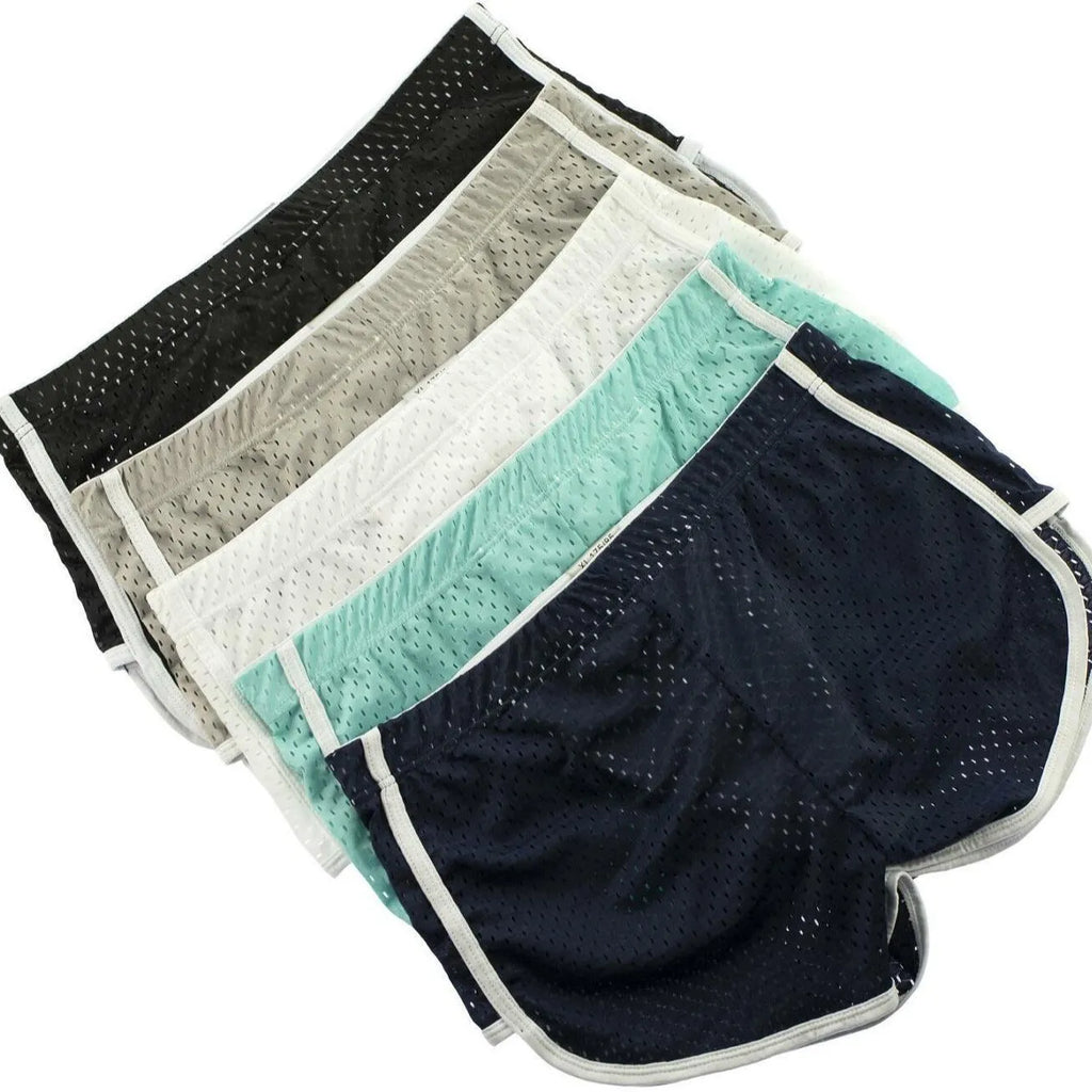 Men's grey cotton blend three-point boxer shorts laid flat, showing mid-waist design.