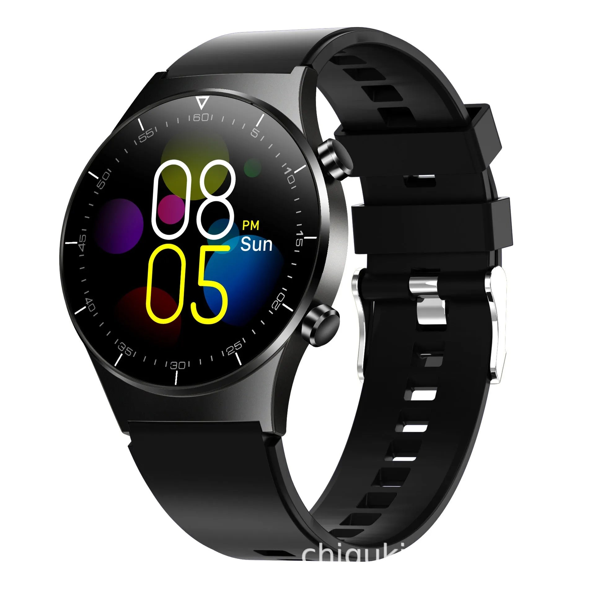 Black smart watch with TPU strap showing a 1.28-inch touchscreen display on a wrist.