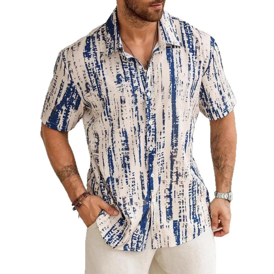 Men's 3D printed short sleeve casual shirt with stripe pattern in apricot colour