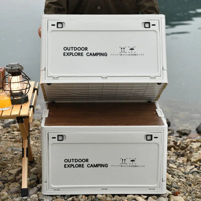 Large plastic storage box with wooden lid in ivory white colour showing 45L capacity dimensions