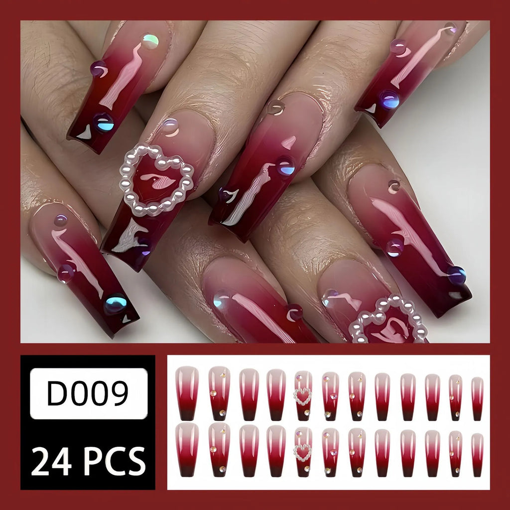 Wine red gradient plaid pattern fake nail tips with pearl heart detailing in ballet style