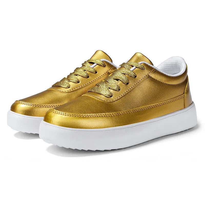 Women's leather casual flat shoes with front lace-up fastening in metallic colours