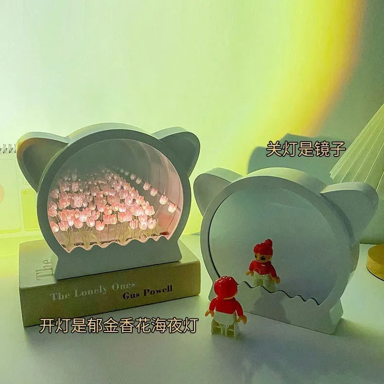 Handmade DIY cat head shaped night lamp with tulip flowers, shown in pink colour option.